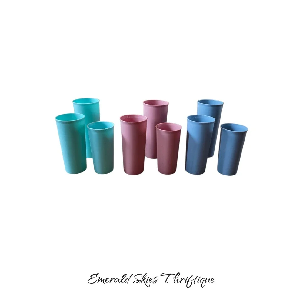 Vintage Set of 9 Plastic Tumblers Cups Teal Mauve Blue Retro Drinkware free ship